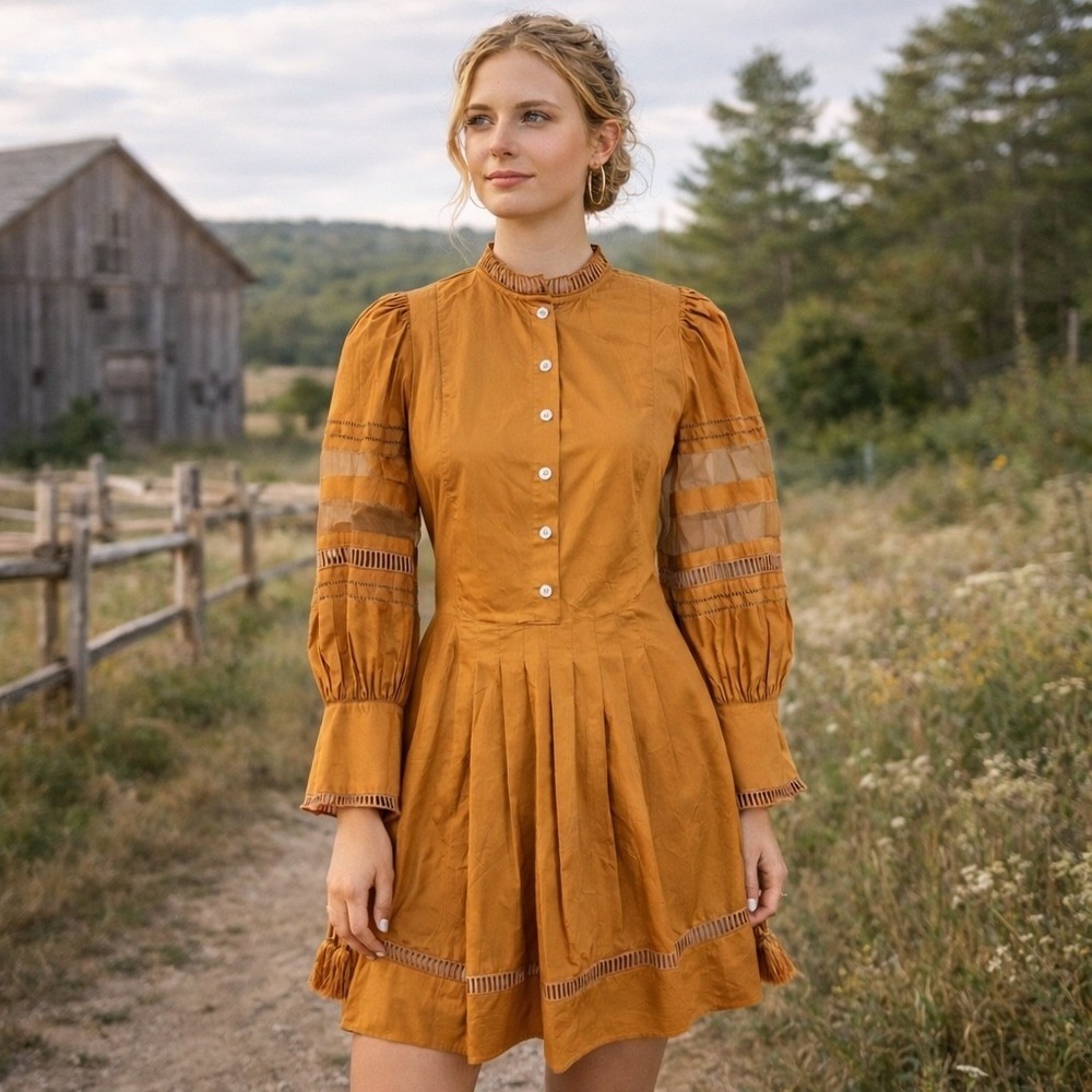Sea New York Prairie Dress Womens 2 Brown Cotton Ladder Stitch Pleated Tassel